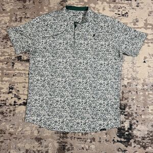 Primo Polo Shirt Sz L Green Floral AOP Golf Performance Curved Hem Blade Collar